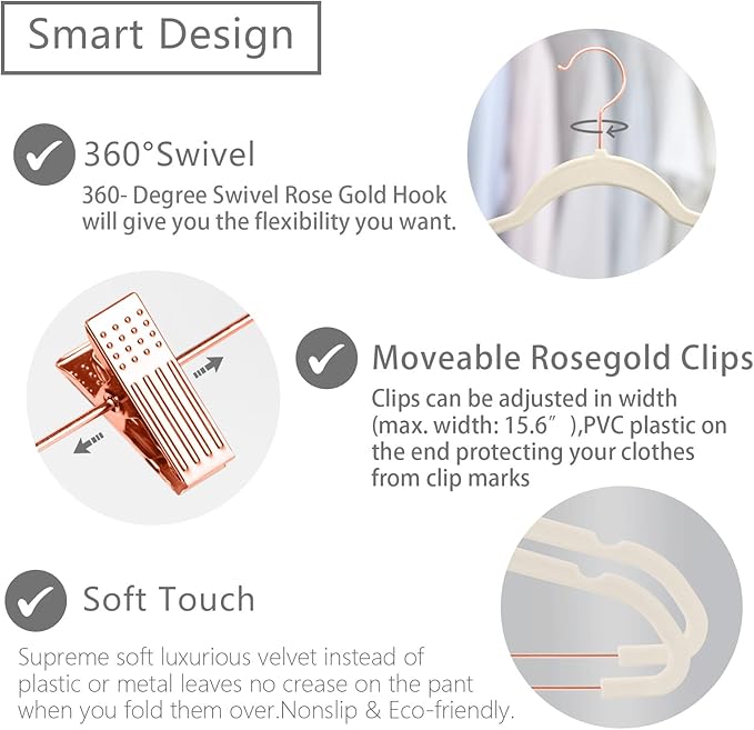 MIZGI Premium Velvet Pants Hangers with Clips (Pack of 10) Slim Skirt Hangers- Non Slip Felt Outfit Dress Hangers Ivory - Copper/Rose Gold Hooks,Space Saving Shirt Clothes Hangers