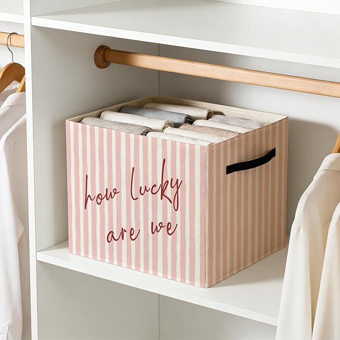 Pink Preppy Inspirational Storage Bin Box with Handles, How Lucky Are We Trendy Striped Foldable Baskets Organizer for Girls Bedroom Bathroom Clothes Toys Books, Toybox for Girls