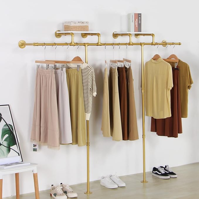 Gold pipe clothing rack for Hanging Clothes rack,Wall Mounted Clothes Rack With 2 Shelves,Heavy Duty Gold Industrial Pipe Clothing,Retail Display Closet Storage Clothes Organizer