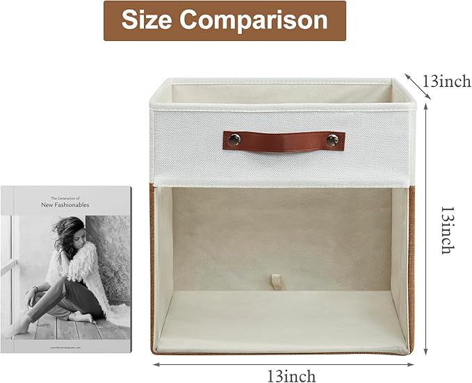 Storage Cubes, 4 Pack Linen Foldable Storage Bins (13 x 13 inch) with Clear Window and Handles, Fabric Organizer for Shelf Closet, Clothes, Books - (Brown and White)