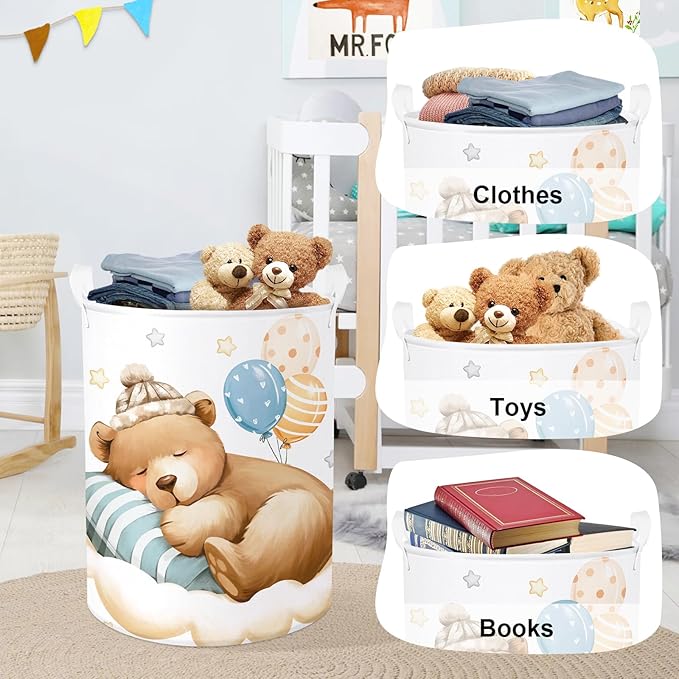 Sleeping Animals Baby Laundry Hamper Collapsible Clothes Kids Storage Basket Large Boys Girls Gift Toy Box Bin for Nursery, Bear, 63L