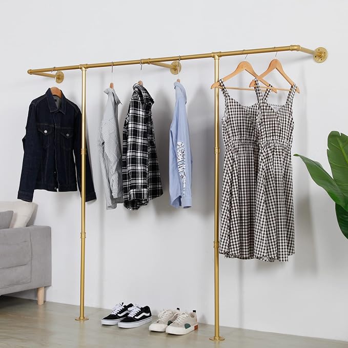 Industrial Pipe Clothing Rack Wall Mounted,Wall Mounted Clothes Rack,Five Bases, Strong Load Bearing Capacity, Space Saving, Suitable for Clothes Display and Storage (80.7, Gold)