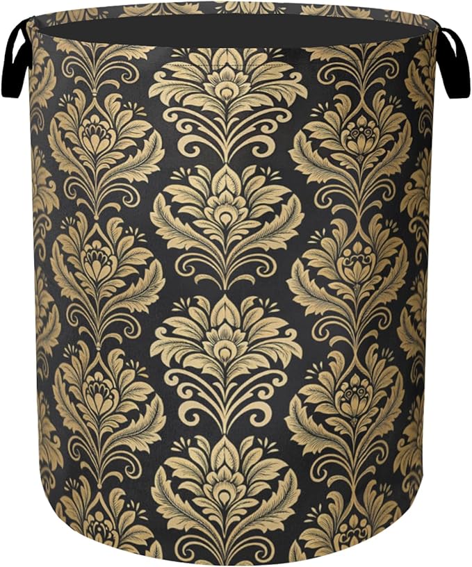 Golde Black Damask Flowers Laundry Basket - Extra Large Foldable Washable Laundry Hamper with Handles, Storage Bin for Bathroom/Laundry/Bedroom/Dorm