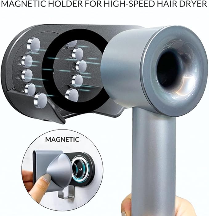 simpletome Hair Dryer Holder Wall Mount for All Magnetic High Speed Blow Dryer with Plug Cord Organizer Hook (Aluminum Alloy, Grey)