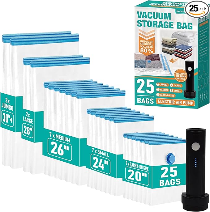 Vacuum Storage Bags, Vacuum Seal Space Saver Bags for Clothing, Travel Lugggage, Carry-on, Blankets, Comforters,Pillow, Bedding, 25 EPump