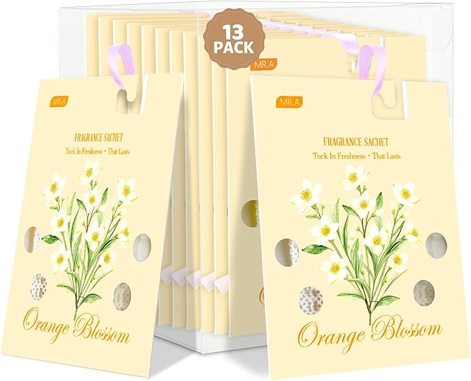 13 Packs Orange Blossom Scented Sachets for Drawer and Closet, Long-Lasting Car Air Freshener Sachet Bags, Drawer deodorizers Fresh Scents, Fragrance Bedroom Essentials
