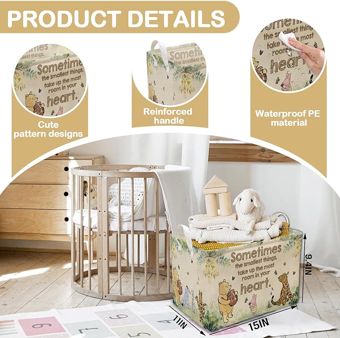 Vintage Winnie Nursery Hampers with Handles, the Pooh Storage Basket Decor, Winnie Baby Nursery Hamper Decor, Foldable Canvas for Bathroom and Bedroom SetClothes,Toys Bin
