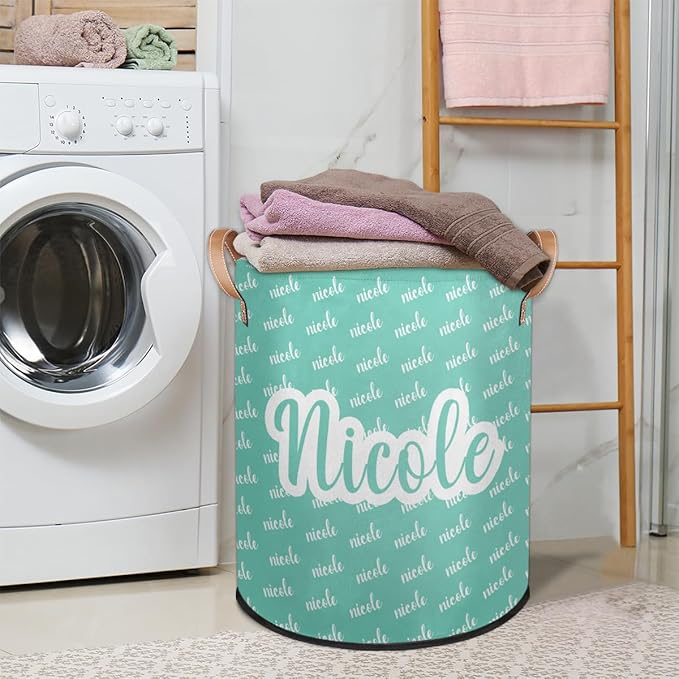 Custom Name Laundry-Hamper, Personalized Cyan Kids-Clothes-Hamper Foldable with Name, Customized Storage Basket with Handles Waterproof Gift for Boys Girls Baby Women