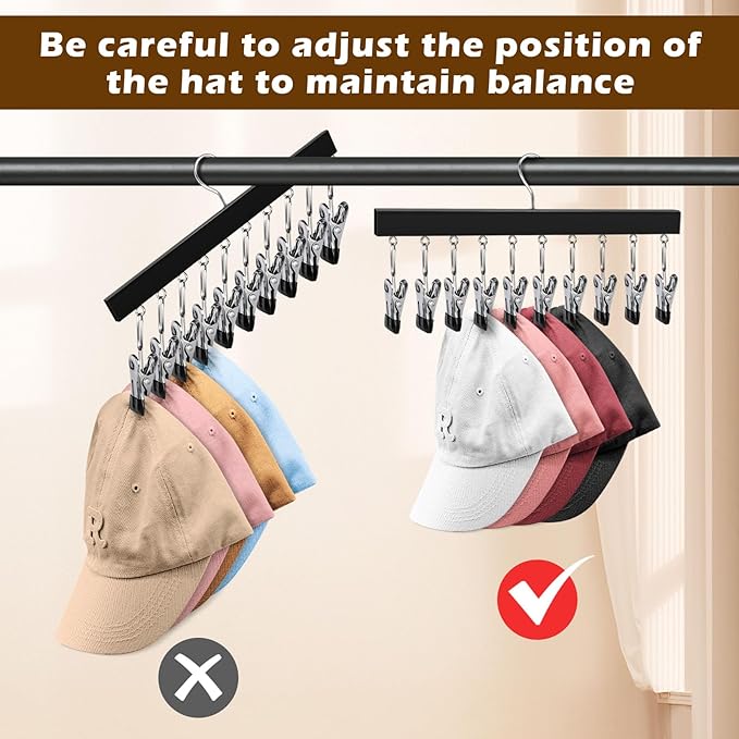 2 Pack Hat Organizer for Baseball Caps with 10 Stainless Steel Clips, Wooden Baseball Cap Organizer, Fits All Caps, Black