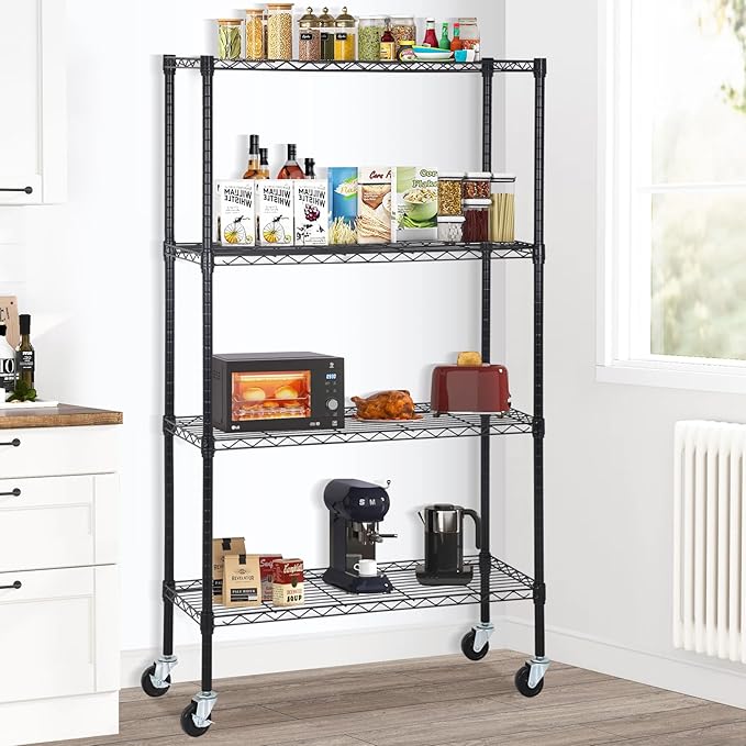 YRLLENSDAN Storage Shelves with Wheels, Heavy Duty 4 Tier Garage Storage Rack, Adjustable Wire Shelving Unit, Metal Shelf Organizer for Pantry, Kitchen, Basement, 36" W x 14" D x 62" H, Black