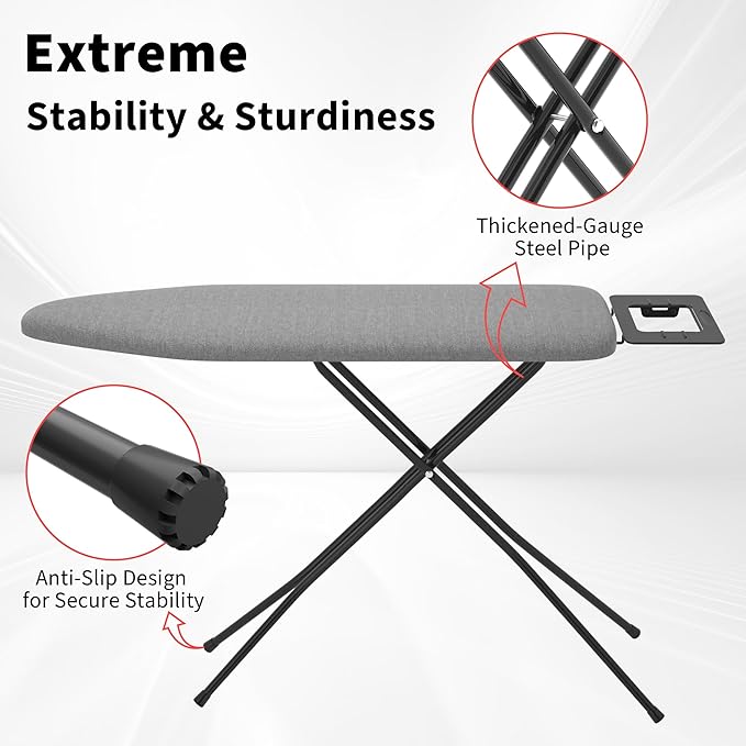Ironing Board with Stable Iron Rest and 7 Adjustable Heights, 43" ×13" Size Iron Board with 4-Layer Heat Resistant Cover and Pad for Home Apartment Laundry, Gray