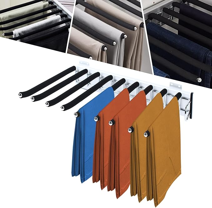 9 Arms Steel Slide Out Pants Rack Closet Pants Hanger Bar Pull Out Trousers Rack Tie Belts Scarf Racks, Wardrobe Clothes Organizers Rail Pull Out Closet Storage Rod-(Right Side Mounts)