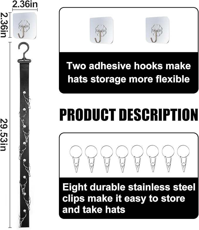 Hat Organizer for Baseball Caps,2 Pack Caps Wall Organizer, Door Hat Racks with 8 Stainless Steel Clips, Hat Hangers for Ball Caps and Accessories for Men and Women, Black