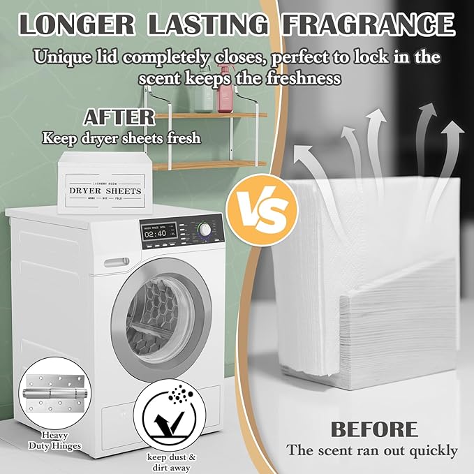 Farmhouse Dryer Sheet Holder with Lid - Rustic Dryer Sheet Dispenser Laundry Room Decor Accessory, White