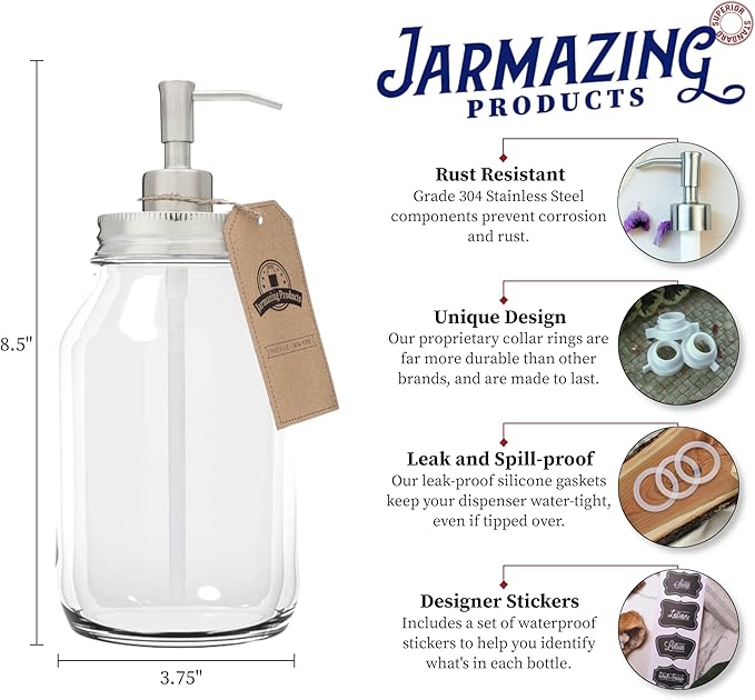 Jarmazing Products Quart-Size Mason Jar Soap Dispenser - Stainless Steel - with 32 Ounce Clear Mason Jar