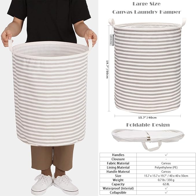 Sea Team 2-Pack 19.7 Inches Large Sized Waterproof Coating Ramie Cotton Fabric Folding Laundry Hamper Bucket Cylindric Burlap Canvas Storage Basket (19.7", Grey & White Stripe)