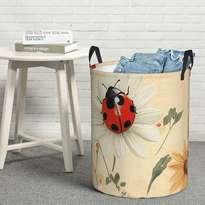 Ladybug And Flower Print Laundry Basket For Storage Bins Gift Baskets Bedroom Clothes Hamper