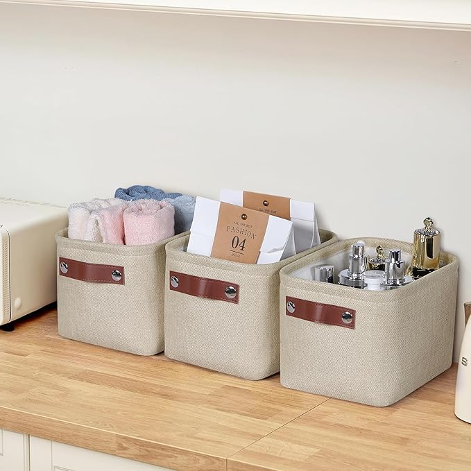 Kntiwiwo Small Fabric Storage Bins, 7.8x6.7x5.9 inch Mini Storage Cubes 4-Pack Storage Basket for Makeup Collapsible Fabric Storage Organizer with Handles, Decorative Basket for Desk, Shelves, Brown