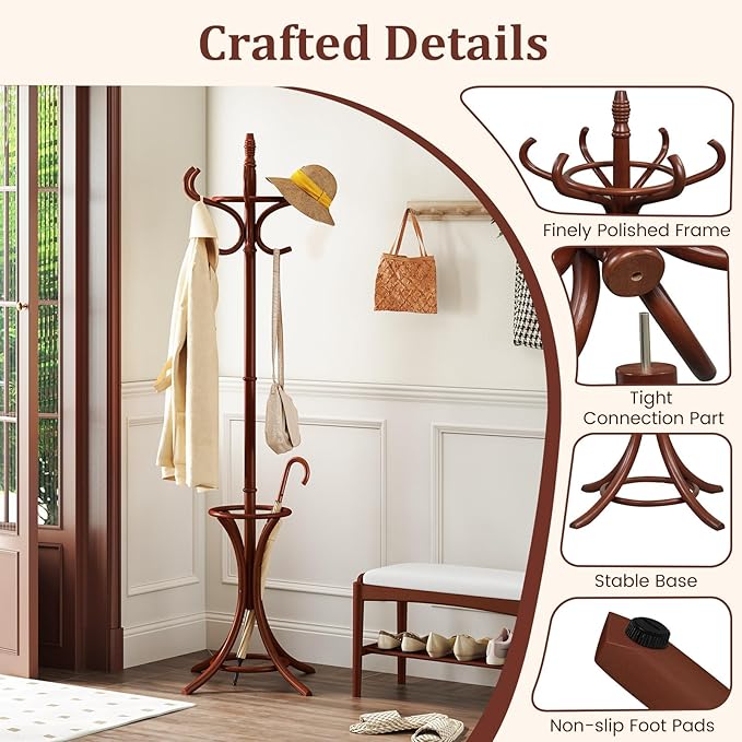 GOFLAME 73" Coat Rack Freestanding, Wooden Coat Tree with 12 Hooks and Umbrella Stand, Entryway Hall Tree, Hat Hanger Organizer, Coat Rack Stand for Coats, Hats, Scarves, Easy Assembly, Reddish Brown