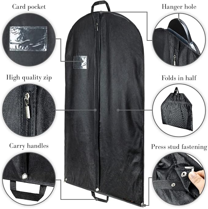 HANGERWORLD 40inch Hanging Suit Garment Bag Travel Carrier Clothes Cover with Handles, Acid Free Breathable Dust Proof Material (1 Pack, Black)