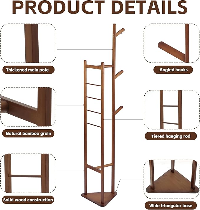 Multifunctional Coat Rack with Three Main Rods, Solid Bamboo Coat Tree with Top Hanging Bar & Shoe Base, Heavy Duty Clothes Rack for Coats Jackets Suits, Easy Assembly, Natural Wood