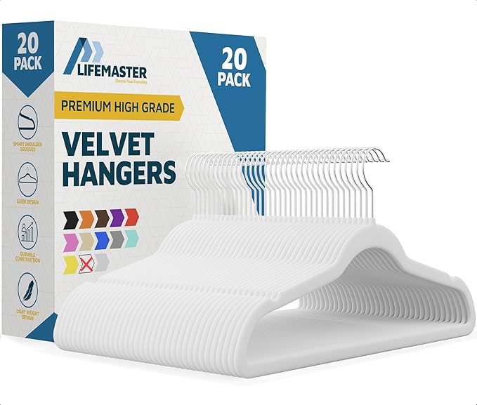 Lifemaster Velvet Clothes Hanger – with 360 Degree Swivel Hook and Non-Slip Shoulder Notch, Holds Up to 10 lbs, Heavy Duty Hanger Set, for Organizing Suit, Dress, Coat, and Clothes, Pack of 20, White