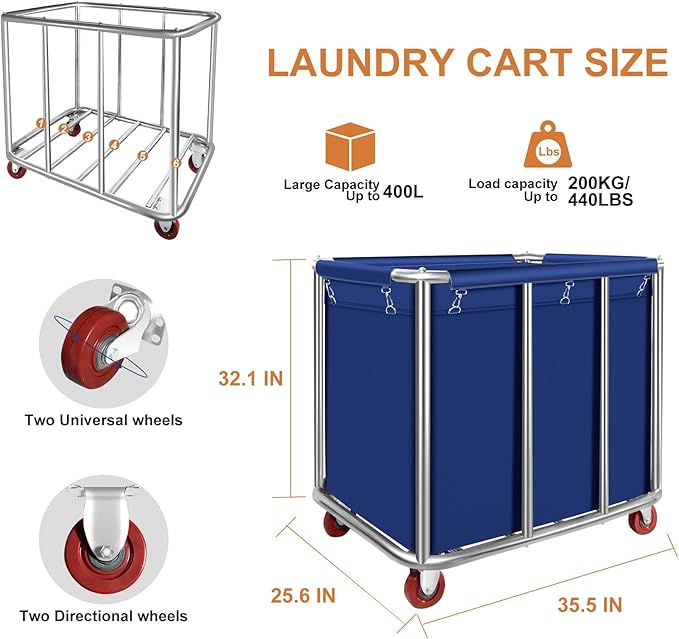 Commercial Laundry Cart with Wheels 11.35 Bushel Industrial Laundry Carts Basket Trucks Heavy Duty Large Laundry Carts Hampers Reinforced Steel Frame,440 lbs Load, Blue