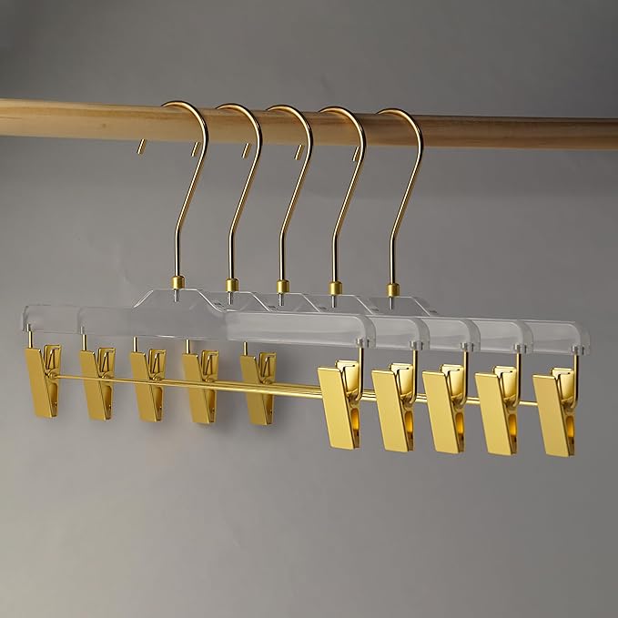 Acrylic Clip-Hangers White for Pants, Skirts and Shorts with 360 Degree Silver/Golden Hook | Space Saving & Non-Slip | 5 Pack