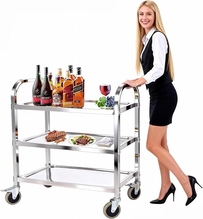 tonchean Stainless Steel Utility Cart 30x16x33 inch 3 Tier Restaurant Carts with Lockable Wheels Serving Rolling Carts for Restaurant Catering Home Commercial Grade & Easy Assembly 400 lbs Capacity