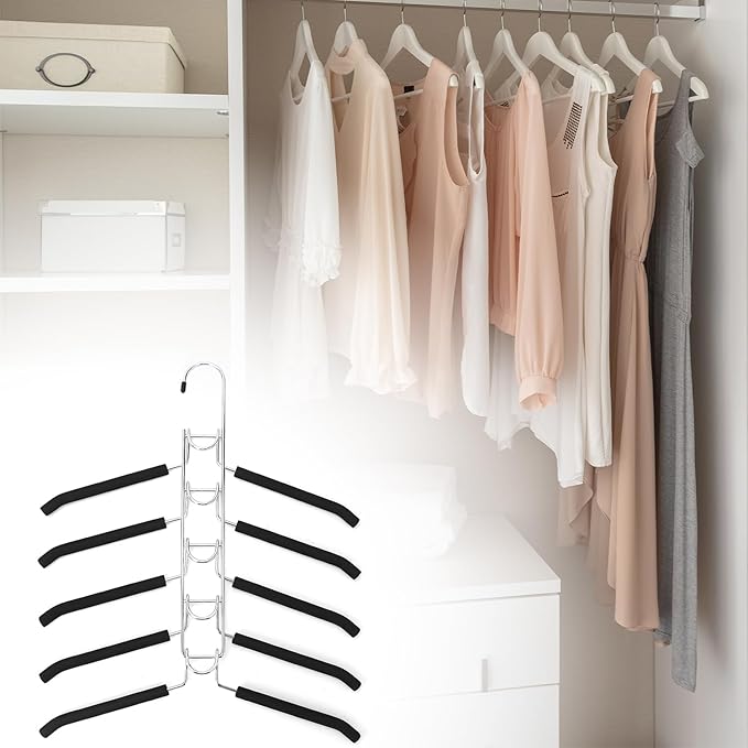 QWORK 4 Pack Clothes Hangers Space Saving, 5 in 1 Multi Layer Metal Hanger Racks for Coat, Suit, Sweater, T-Shirt