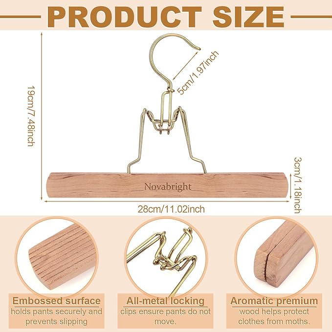 Novabright 4 Pcs Cedar Pant Hangers with Brass Plated Metal Locking Space-Saving Cedar Wood Clothes Hangers for Trousers Skirts Jeans Suits Slip-Resistant Notches Wrinkle-Free Storage (Wood)