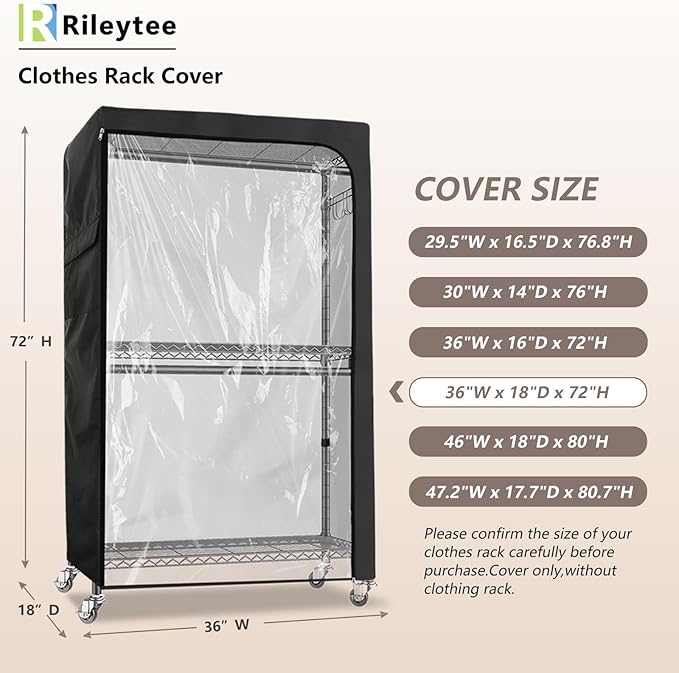 Garment Rack Cover,Shelf Covers for Wire Shelving,600D Heavy Duty Waterproof Clothing Rack Cover,Clothes Rack Cover with Zipper for Metal Garment Rack(Clear Front,Black 36"W x 16"D x 72"H,Cover Only)