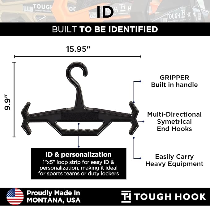 Tough Hook Original ID Heavy Duty Identification Hangers –The Superhero of Hangers USA Made,Anti-Slip Tactical Hanger for Police Gear,Scuba Gear,Wetsuits & Dive BCD, 200-lb Cap with ID Strip,1 Black