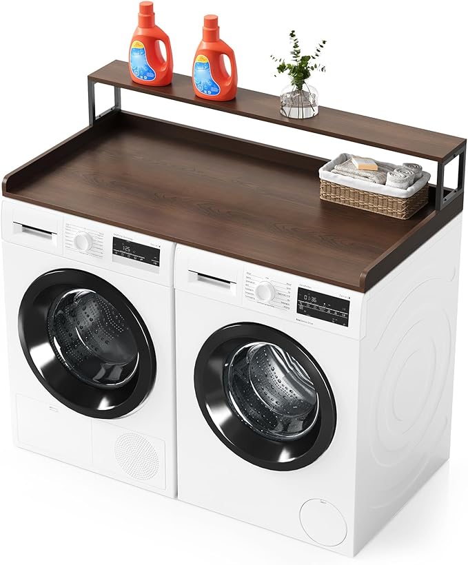 SpaceAid 2-Tier Washer Dryer Countertop, Laundry Topper with Rack Shelf 54" Width x 27.5" Depth x 10" Height Organizer Cover for Washer and Dryer Laundry Hamper Counter Storage (Brown Wood)