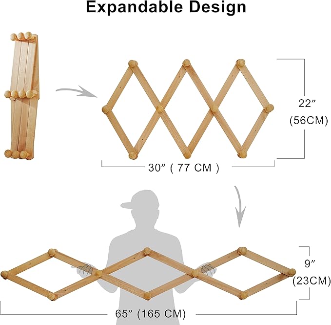 Dseap Expandable Coat Rack (Larger Version) - 24” High, Anti-Slip, Ultra Heavy Duty Wooden Accordian Wall Hanger with 10 Study Peg Hooks for Clothing Hats Jackets Bags, Cherry Red