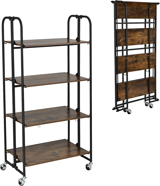 Giantex Foldable Storage Shelves with Wheels, No Assembly 4-Tier Rolling Cart, 2 of The Wheels Have Locks, Microwave Utility Cart Baker Rack, Portable Storage Rack w/Metal Frame, for Kitchen, RV