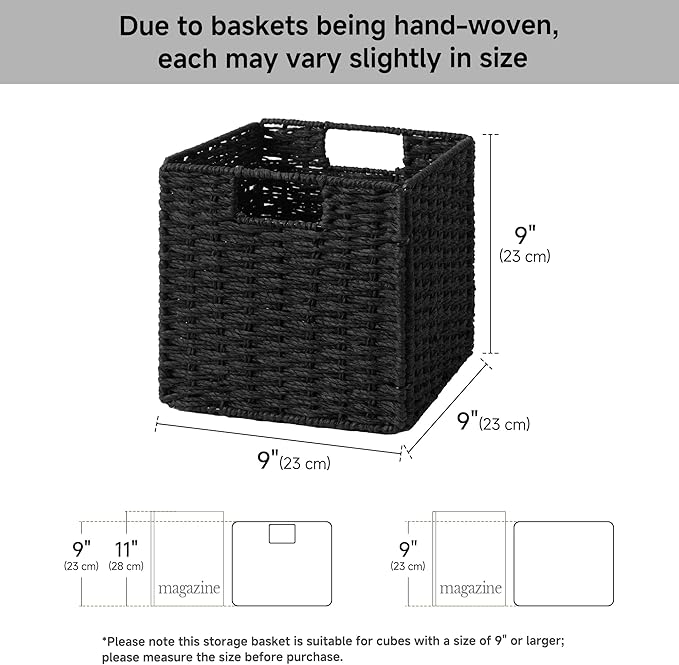 StorageWorks 9 inch Wicker Storage Cubes, Handwoven Wicker Baskets for Storage, Square Cube Basket, Foldable Paper Rope Basket for Organizing, Black, 2 Pack