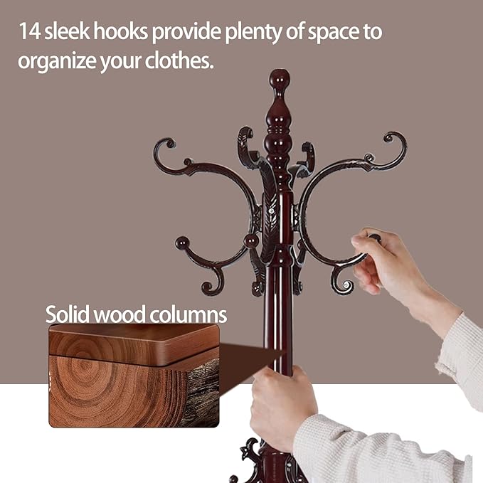 Wooden Coat Racks, Retro 78" Coat Tree with 12 Hooks & Stable Triangular Base, Entryway Coat Rack Freestanding for Hat, Clothes, Scarves, Handbags, Umbrella (Mahogany)