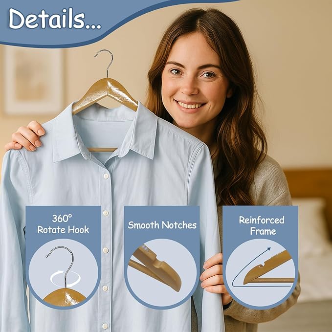King Mills 19 Inch Plus Size Hangers, Extra Wide Hangers for Plus Size Clothes, Ganchos para Colgar Ropa, Ideal for XL, XXL Shirts, Coats, Dresses, Etc. Wood. Natural 10pk