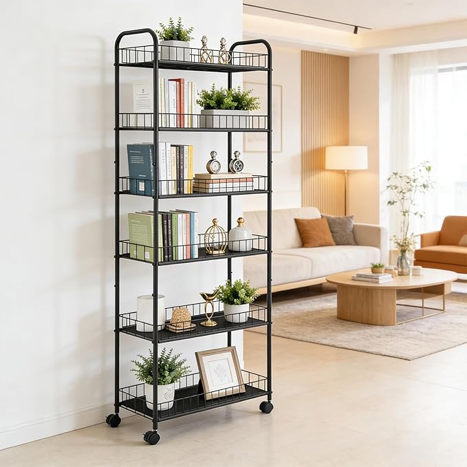 6 Tier Slim Rolling Storage Cart, Mobile Shelving Unit with Wheels, Metal Wire Storage Rack with Baskets for Kitchen Bathroom Office Laundry Narrow Piaces (10in Rolling Cart)