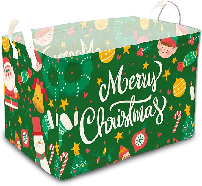 1 Pcs Merry Christmas Storage Basket, Santa Claus Storage Bins, Green Themed Foldable Storage Boxes, Christmas Boxes for Nursery Toy and Costume, Xmas Party Decoration Gifts
