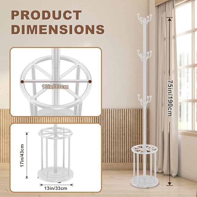 Coat Rack Freestanding, Coat Rack Stand with Umbrella Holder, Coat Tree, Coat Hanger Stand with 12 Hooks for Clothes Bag Hats, Used in Bedroom, Office, Living Room and Entryway-White