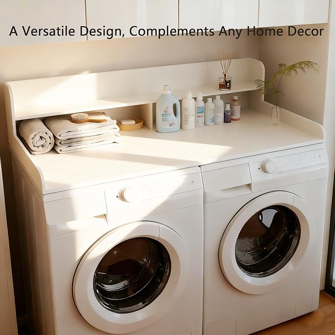 Fabuday 2-Tier Wood Washer Dryer Countertop with Shelf - Two Layers Laundry Topper for Storage & Organization, 54''x27.5''x11.9'' Counter Table with Edge Over Washing & Dryer, Crisp White