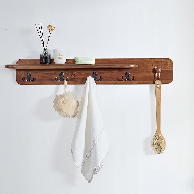 Alaterre Furniture Coat Rack with Shelf - Calais Collection Wall Mount Shelf with 4 Coat Hooks and Peg - Acacia Wood Wall Hangers (Warm Chestnut)