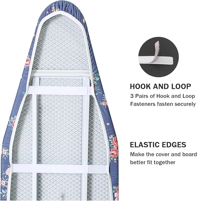 Ironing Board Cover and Pad Standard Size 15" x 54",3 Pairs of Hook and Loop Fastener Straps,Elastic Edges,Cotton Iron Board Cover with Scorch Resistant Thick Padding (Blue+Flowers)