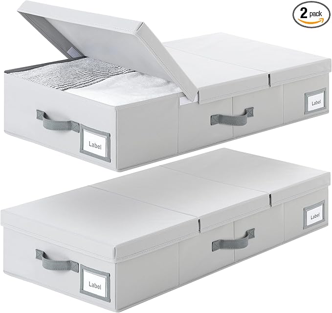 Cupic Cupid 6.5" Foldable Underbed Storage Box with Lid, 58L Standard Under Bed Storage Containers with Reinforced Bottom for Bedroom Closet Organization, Sturdy Clothes & Shoe Organizer,2 Pack,Grey