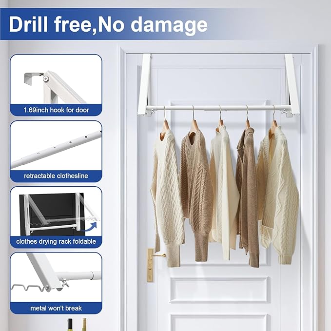 Over The Door Clothes Hanger,1.69 Inch Door Hook for Over The Door Drying Rack,Foldable Retractable Overdoor Hanger Hook for Bathroom,Laundry Room,Apartament and Bedroom