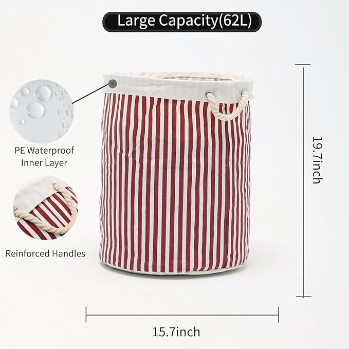 Large Storage Laundry Hamper Basket 62L with Handles, Waterproof, Freestanding, Collapsible Laundry Hamper, Classic Stripes Pattern, Red Color-Dirty Clothes Toy Organizer Bins