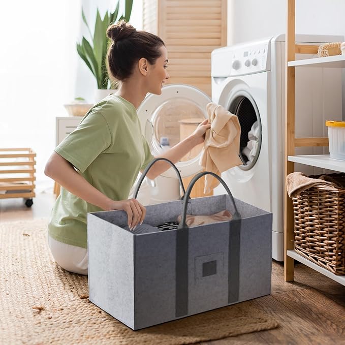 Large Laundry Tote 55L, 2 Pack Fabric Laundry Baskets with Handles, Woolen Clothes Hampers for Dorm, Laundry, Grocery, Traveling, Camping, Shopping, Versatile Storage Solutions (Light Grey)