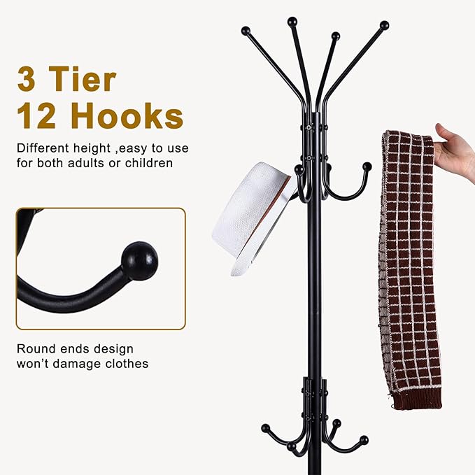 Freestanding Coat Rack with Umbrella Stand,Metal Coat Tree with 12 Hooks, Black Modern Coat Rack Stand,Coat Purse Hat Rack Umbrella Stand for Entryway, Living Room, Bedroom, Office